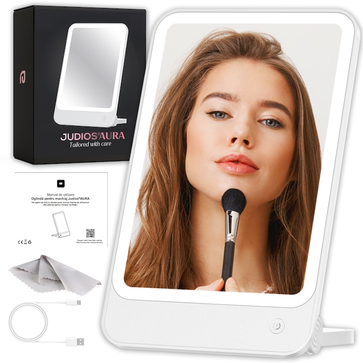 Oglinda machiaj si cosmetica cu led, Judios®AURA, iluminata 40 LED-uri, 3 tipuri de lumina, intensitate reglabila, design 2 in 1, 1200mAh, compacta si rezistenta la calatorie, Alb mat