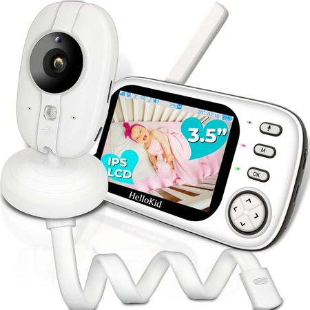 Baby Monitor WiFi HelloKid™ OPTI 3.5” AI NightVision HD, Monitorizare 360°, Senzor Temperatura, Sunet Bidirectional, Mod VOX, 8 Cantece, Alarma, Control Volum, Detectie Inteligenta, Alb