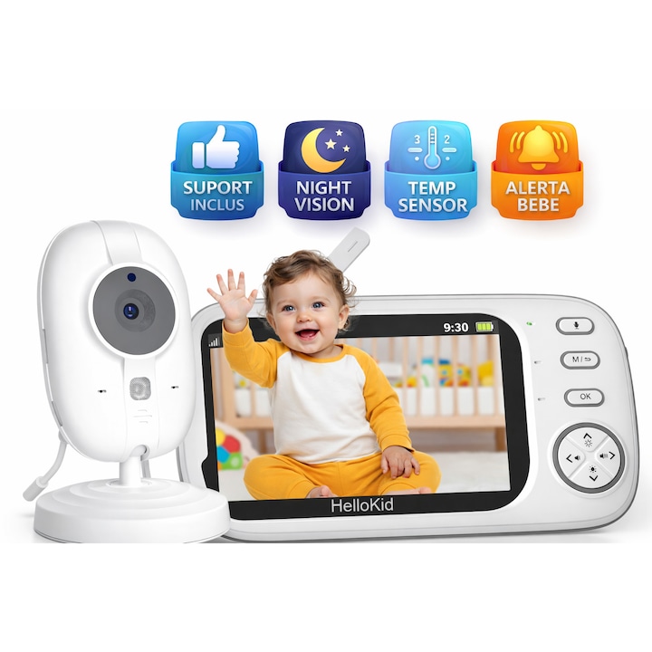 Baby Monitor WiFi HelloKid™ OPTI 3.5” AI NightVision HD, Monitorizare 360°, Senzor Temperatura, Sunet Bidirectional, Mod VOX, 8 Cantece, Alarma, Control Volum, Detectie Inteligenta, Alb