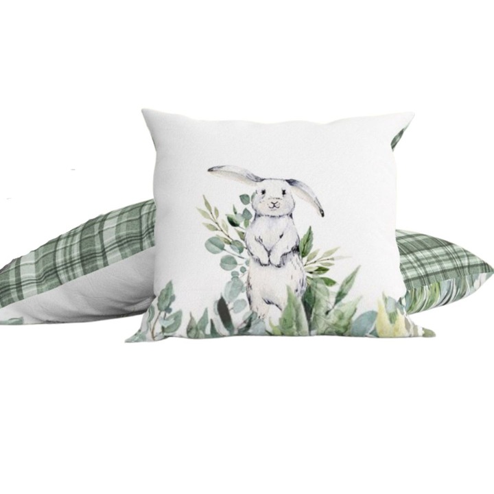 100% pamut dekoratív párnahuzat húsvéti motívumokkal, 45x45 cm, Club Cotton, Gizmo, Fehér, Zöld