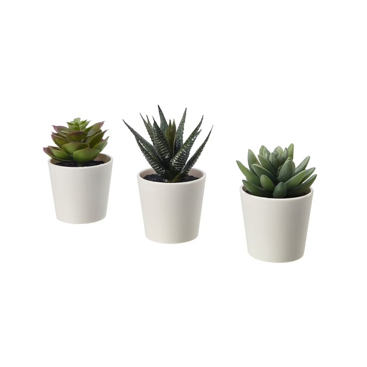 Set de 3 plante decorative, flori artificiale, de birou, 12cm, Alb-Verde, IKA-BBLFMD231