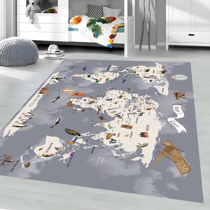 Covor camera copii antiderapant model harta lumii, gri, 120x180 cm