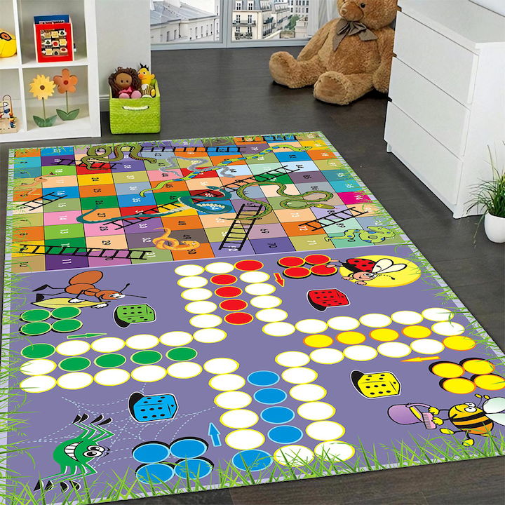 Covor camera copii antiderapant model 2 jocuri, multicolor, 80x150 cm