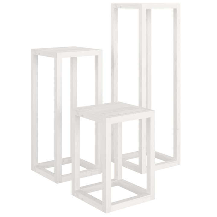 VidaXL 3 részes fehér tömör fenyőfa növénytartó éllvány szett 34 x 34 x 110 / 80 / 50 cm 10.9 kg