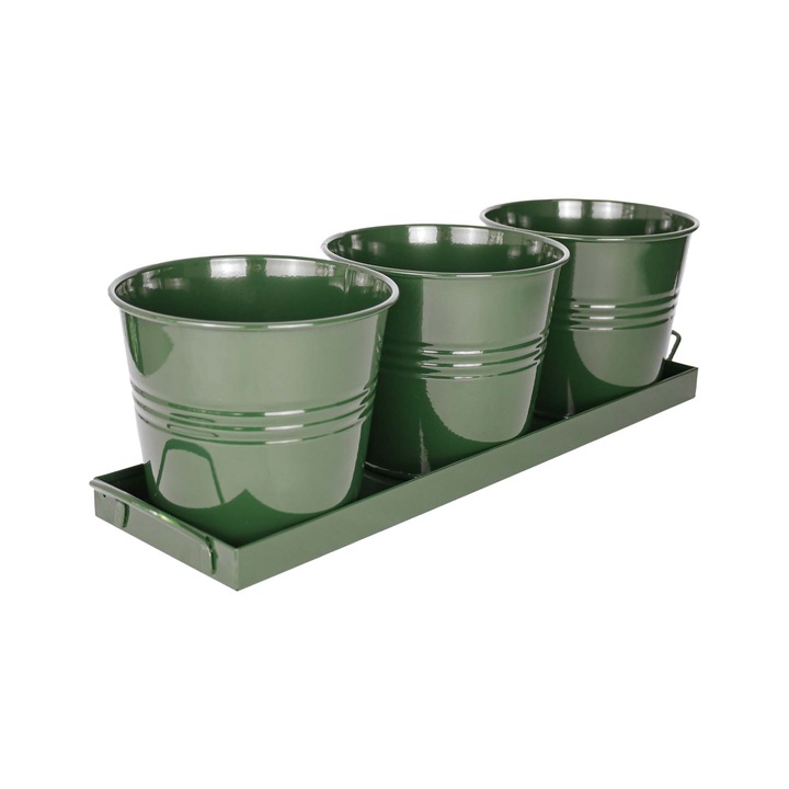 Set 3 ghivece metalice Mary s Garden Supplies cu tavita decorativa cu manere, lungimea de 52 cm, culoarea verde