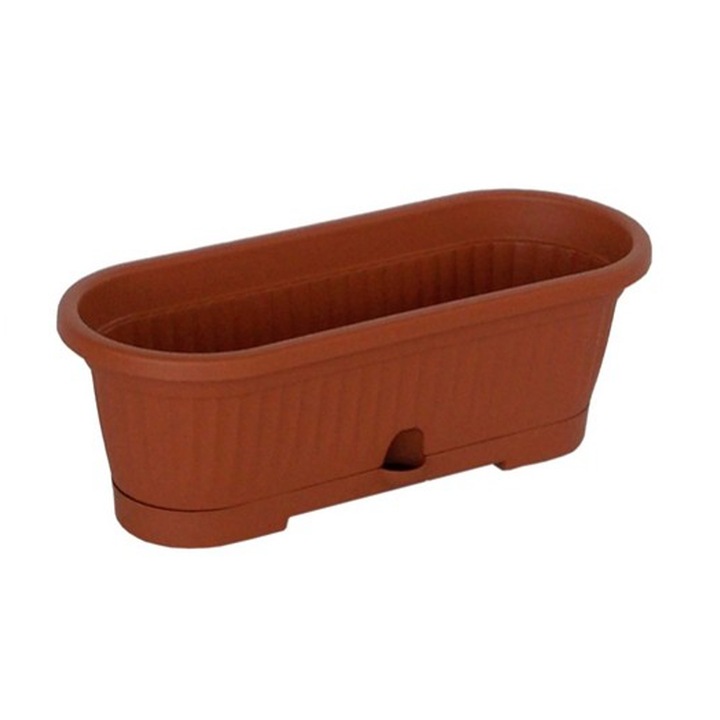 Jardiniera din plastic IS1370, cu farfurie suport, 30 x 10.5 cm, Maro teracota