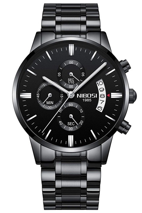 Ceas barbati, NIBOSI, Otel inoxidabil, Rezistent la apa, Negru Bratara