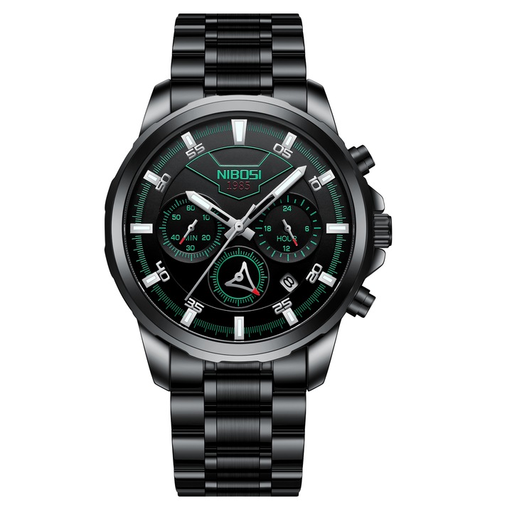 Мъжки часовник, NIBOSI, Неръждаема стомана, Водоустойчив, Черен