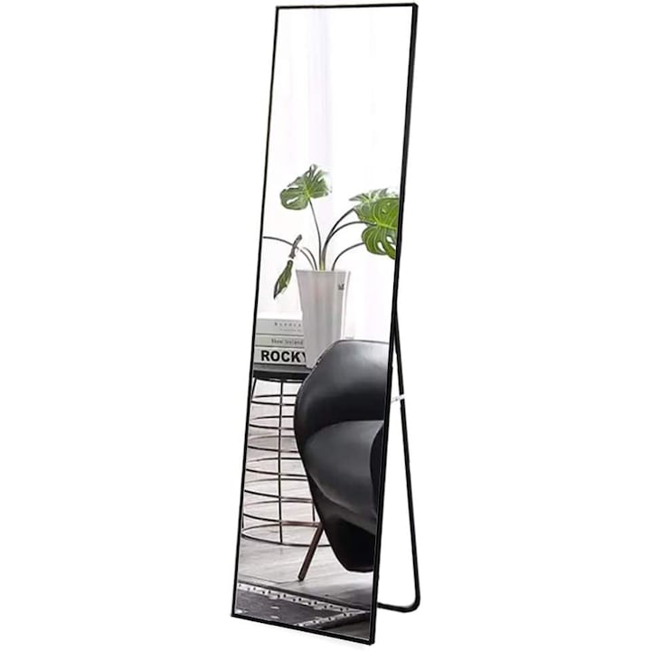 Oglinda de podea, cu suport, metal, negru, 150x40cm
