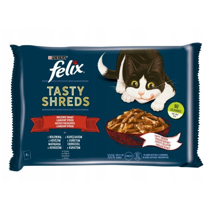 Tasty Shreds nedves macskaeledel, Felix, marha/csirke íz, 80 g, 4 db