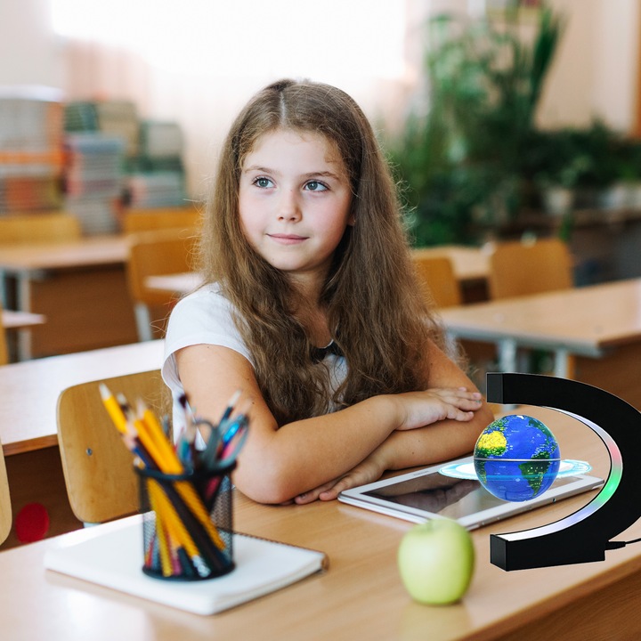 Плаващ глобус, син, магнитна левитация, черна опора