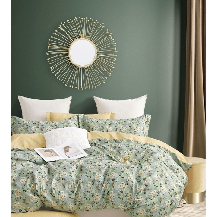 Lenjerie de pat dublu 2 persoane, 6 piese, Bumbac, 230 x 200 cm, Verde cu floricele