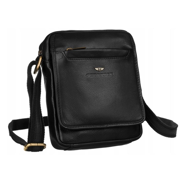 Geanta pentru barbati, crossbody, piele naturala, negru, Peterson, 20 x 16 x 5 cm