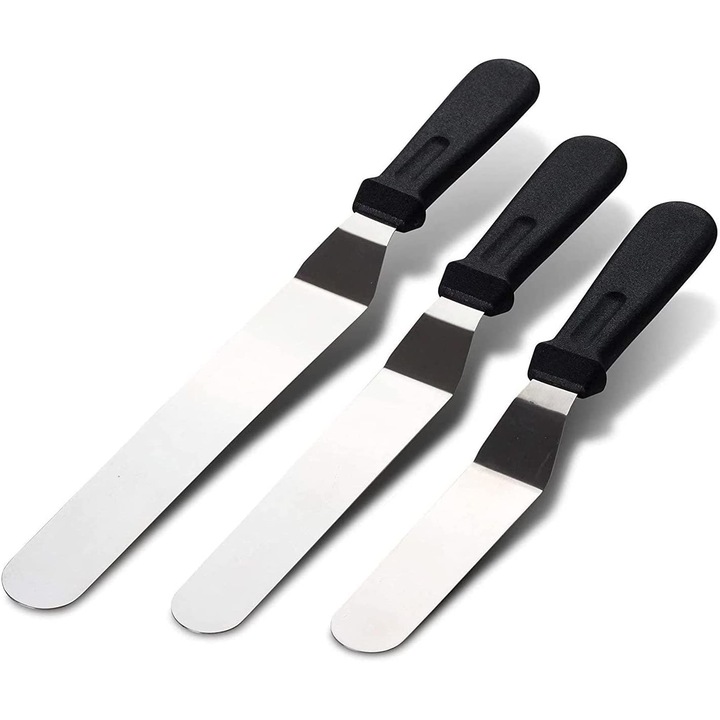 Set 3 spatule patiserie, Inox, Negru/Argintiu