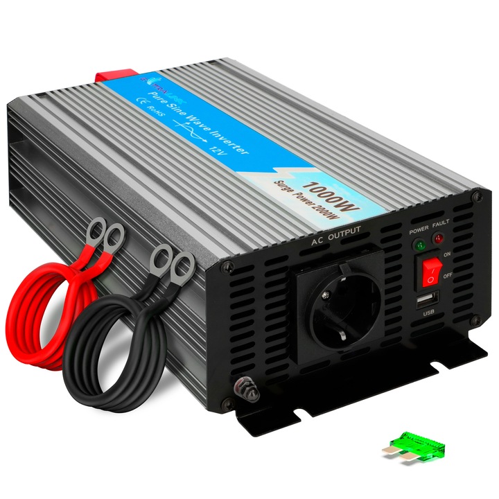 Convertor de tensiune Extralink 1000W invertor auto 12V la 230V sinus pur DC AC pentru vehicule autocaravana camping alimentare dispozitive electrice cu port USB