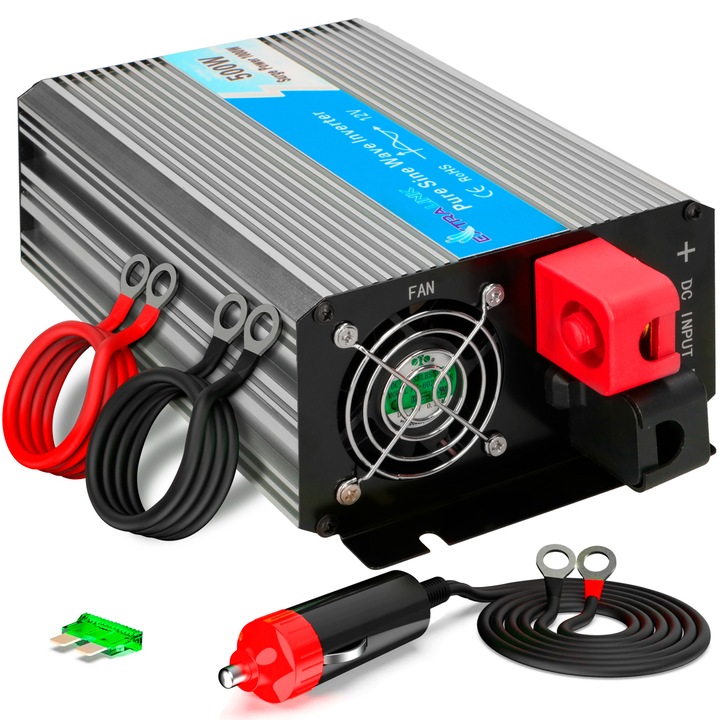 Преобразувател на напрежение, Extralink OPIP-500W, 12V - 230V, USB, Pure Sine, Universal, Многоцветен