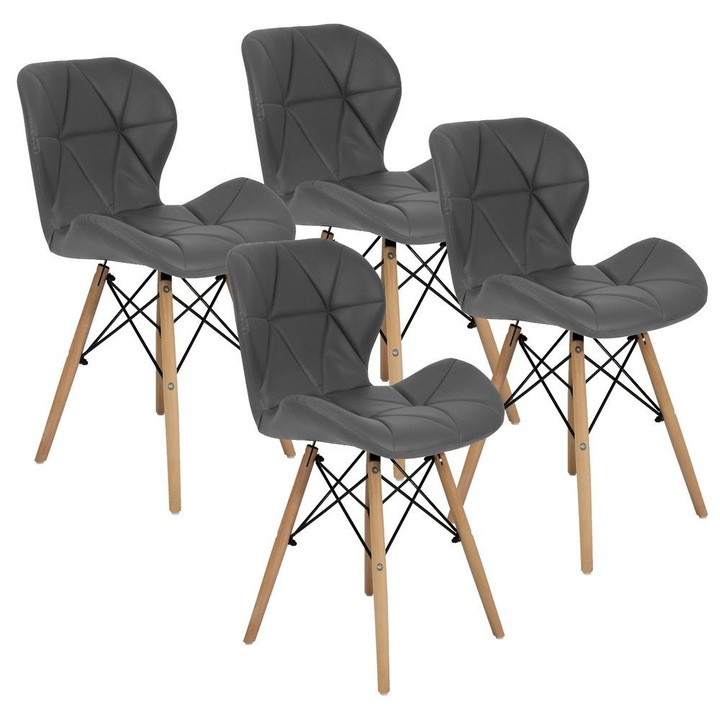Set 4 scaune, Lemn fag/Piele ecologica, Max 150 kg, 51 cm, Gri/Maro