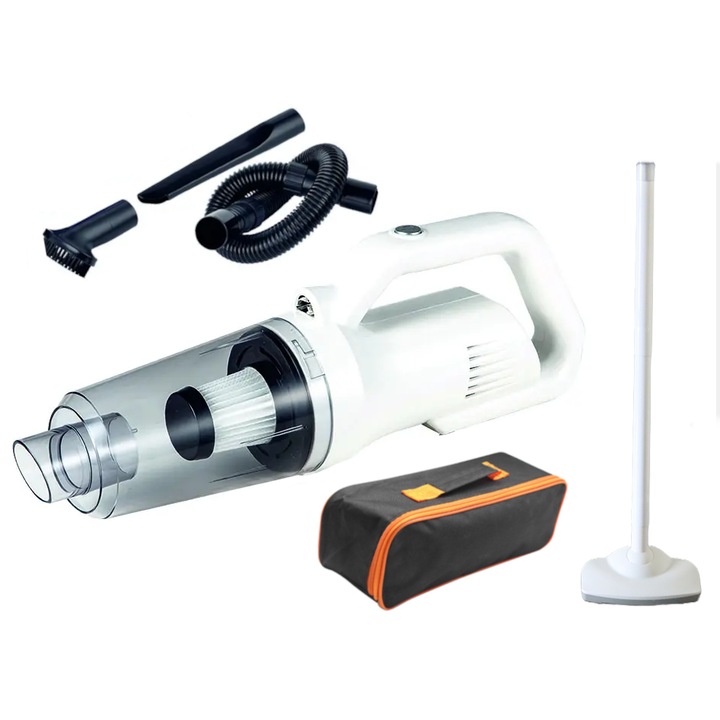 Aspirator auto sau de uz casnic, 2 in 1, cu putere mare de aspiratie, durata lunga de viata, portabil, fara fir, cu accesorii, filtre multiple si geanta de depozitare, 120W, 12000 Pa, acumulator 6000 mAh, alb