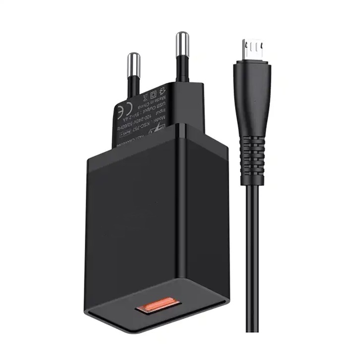 Incarcator retea Smart Daden USB, Incarcare rapida 5V-2.4A, Adaptor priza, cu cablu de incarcare USB Micro, compatibil cu Samsung/Huawei/Xiaomi, Negru