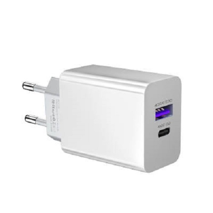 Töltőadapter Gyorstöltés 20W PD, QC3.0/SCP RikBo® Dual Port TypeC USB-A port port kompatibilis az Iphone Samsung Xiaomi Oppo Huawei telefonnal, fehér