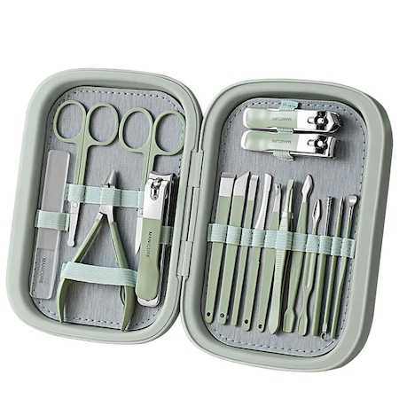 Trusa Manichiura Pedichiura, Premium Senio®, Otel inoxidabil, 18 piese, Etui Premium si Elegant cu prindere magnetica