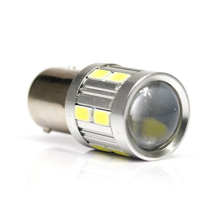 Bec LED auto cu lentila, Interlook, P21W, CREE 5W + SMD5630, 12V, 15mm, Alb