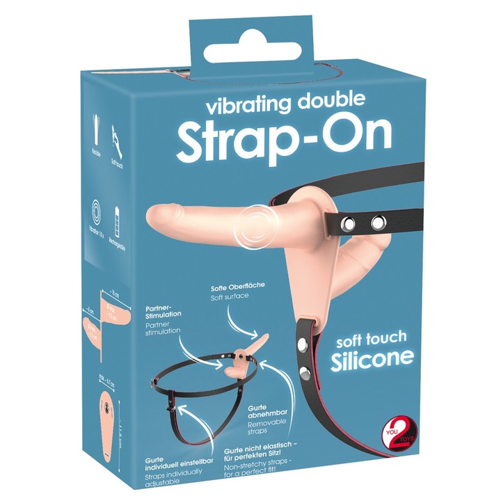 Set Strap-on You2Toys cu Dildo Dublu, 10 Moduri de Vibratie, Silicon, 15.7cm x 3.8cm si 8.8cm x 3.2cm, Negru