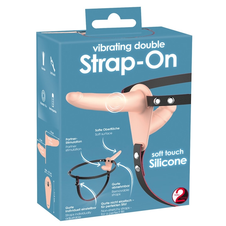 Set Strap-on You2Toys cu Dildo Dublu, 10 Moduri de Vibratie, Silicon, 15.7cm x 3.8cm si 8.8cm x 3.2cm, Negru