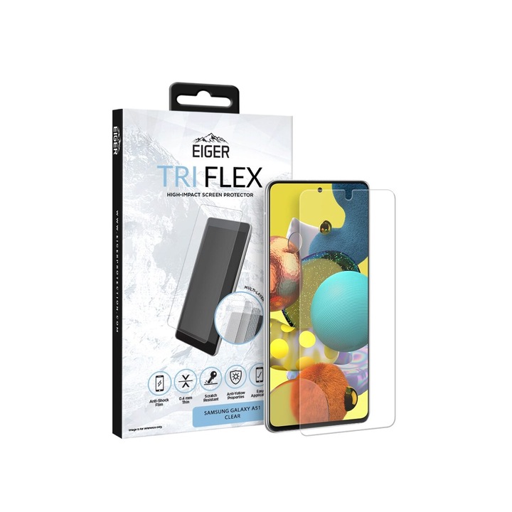 Eiger Clear Tri Flex фолио, съвместимо с Samsung Galaxy A51, A51 5G
