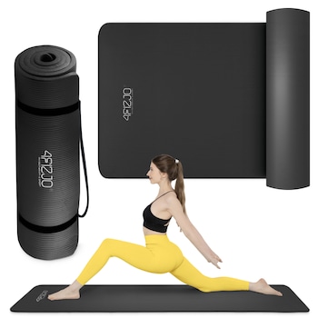 Saltea pentru antrenament, pentru yoga, fitness, aerobic, pilates, exercitii la sol, cu maner de transport, 4FIZJO, Spuma NBR, 180 x 60 cm, Negru