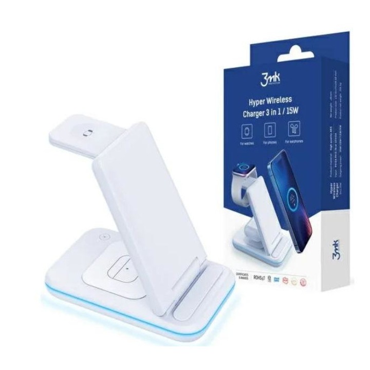 Incarcator 3 in 1 telefon/smartwatch/casti Hyper Wireless Charger, 3MK, ABS, 15 W, Alb