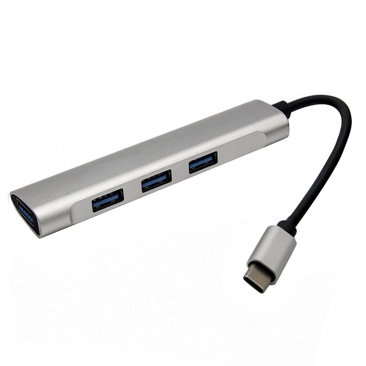 SIKS USB-C-USB adapter, ezüst, 4 port, fájlátvitel, fekete/szürke