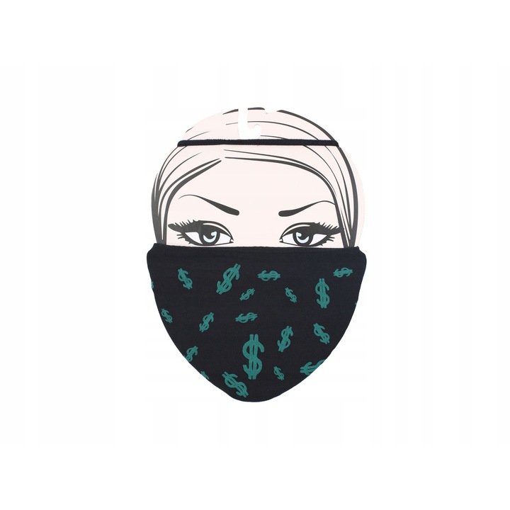 Masca faciala reutilizabila, Marilyn, Model dolari, Poliamida/Elastan, Ioni argint, Marime universala, Negru