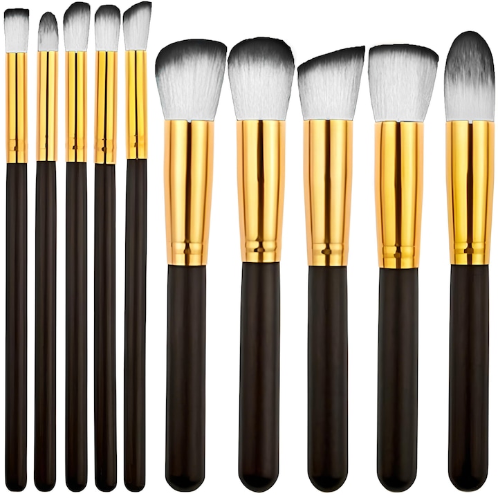 Set 10 pensule machiaj, maner plastik, par sintetic, makeup profesional / incepatori, negru auriu
