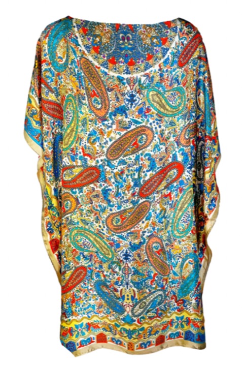 Rochie tip poncho dama cu model paisley, Dacali, bej/albastru azur, one size