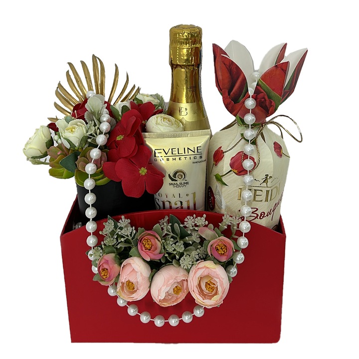 Pachet GiftDay, Masca-crema de maini Eveline 100ml, Aranjament floral, Spumant Bottega 200ml si Praline Heidi in cutie/geanta 20,5x9,5x15cm, Velve