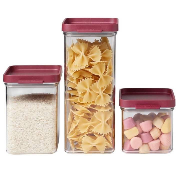 Set trei recipiente pentru depozitare alimente, Mepal, Plastic, 700/1100/2000ml, Transparent/Rosu