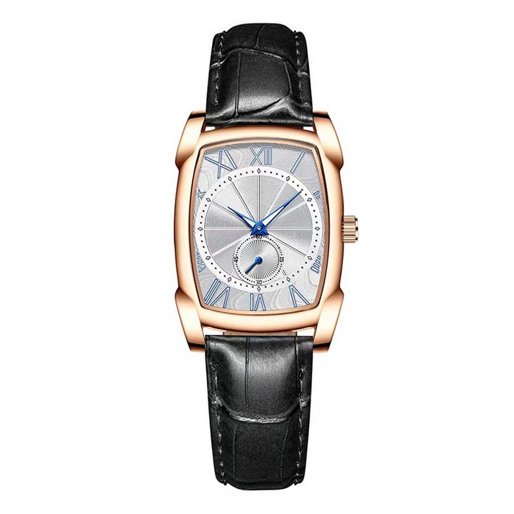 Ceas pentru cuplu, cu ac dublu luminos, cadran dreptunghiular, femei, negru