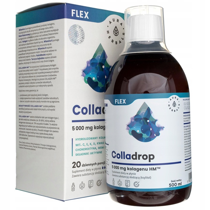 Хранителна добавка, Aura Herbals Colladrop Flex, морски колаген 5000 mg, 500 ml