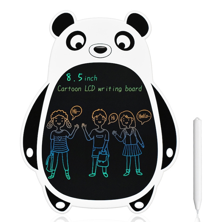 Детски LCD таблет, BOMSTOM, 8,5 инча, с бутон за изтриване, за писане и рисуване, модел панда, 24 см, 3 години, Черно-бял