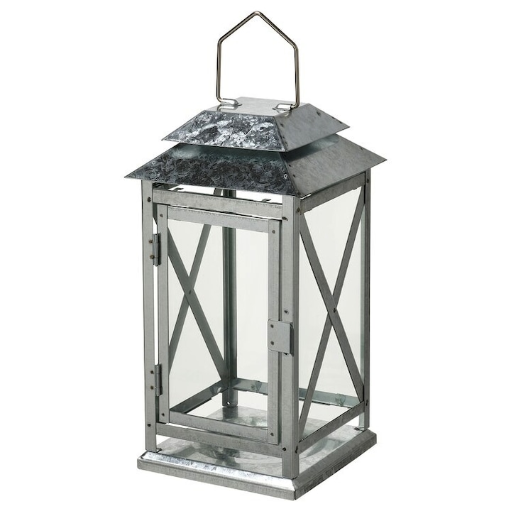 Felinar metalic galvanizat cu sticla pentru lumanare, 15x15x28 cm