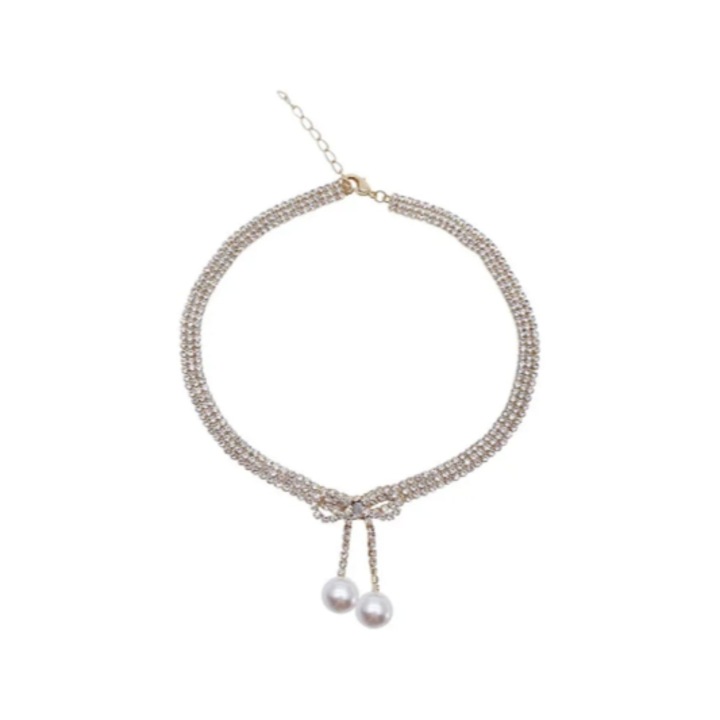 Choker 3 sor strasszal, CRM, gyöngybojttal, arany, 30 cm