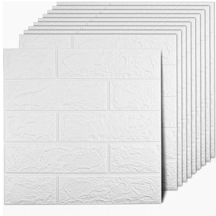 Set 12 x Tapet 3D Autoadeziv, soosable®, design modern, rezistent la apa, usor de curatat, dimensiuni 35x38cm, model caramida in relief, Alb