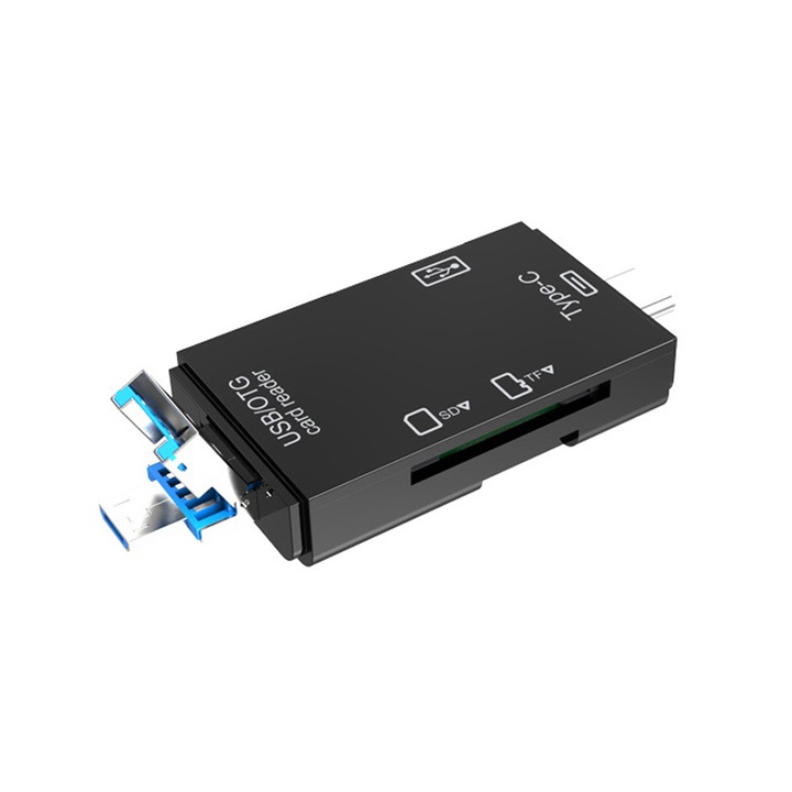 Хъб 6 в 1, четец на карти, USB флашка/Type-C/USB/OTG/TF/SD, KINSI, plug and play, черен