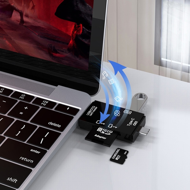 Хъб 6 в 1, четец на карти, USB флашка/Type-C/USB/OTG/TF/SD, KINSI, plug ...