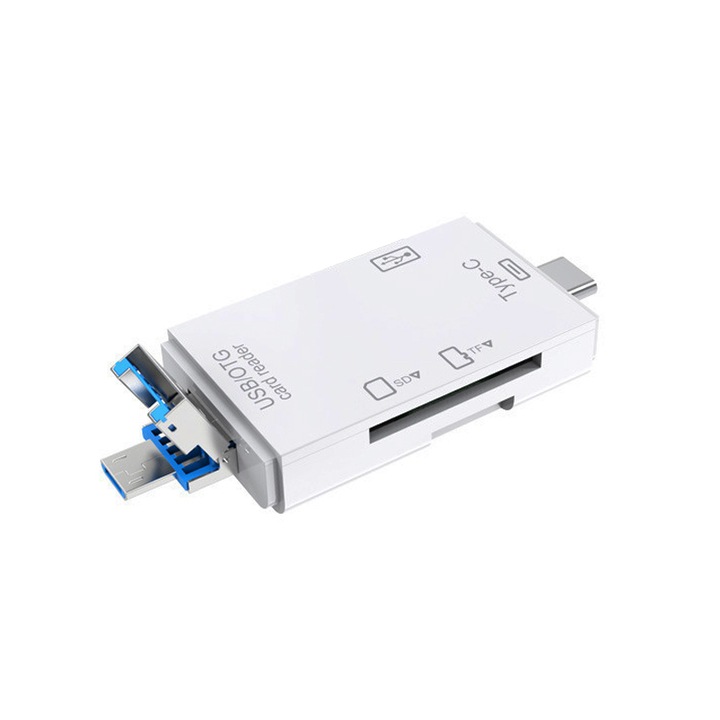 Хъб 6 в 1, четец на карти, USB флашка/Type-C/USB/OTG/TF/SD, KINSI, plug and play, бял