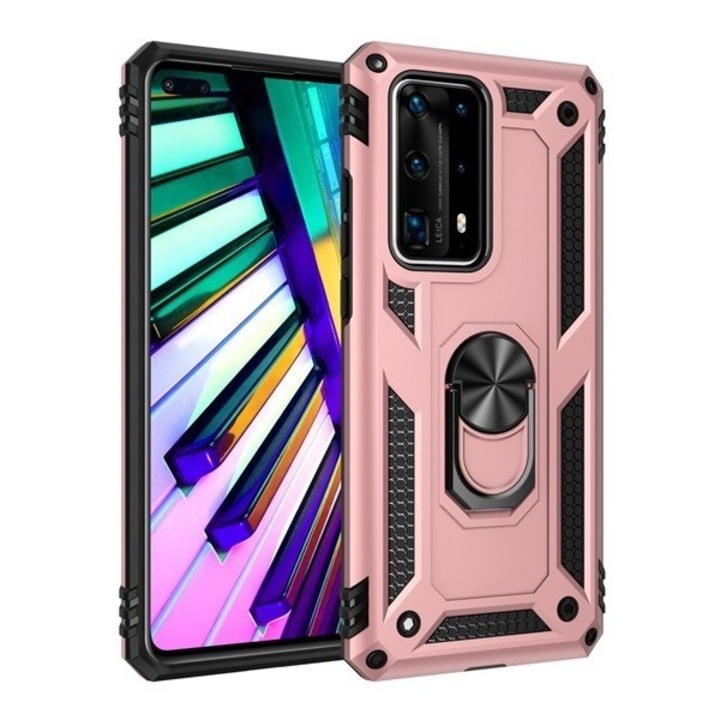 Huawei Honor 9X Pro, Пластмасов заден капак, средна устойчивост на удар, силиконова вътрешна част, пръстен за държач за телефон, Defender, червено злато (94049)