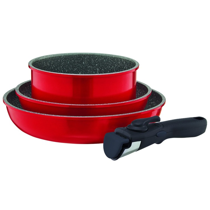 Set de 2 tigai 20 cm, 24 cm si oala 16 cm cu maner detasabil, 4 piese, Ambition Jasper