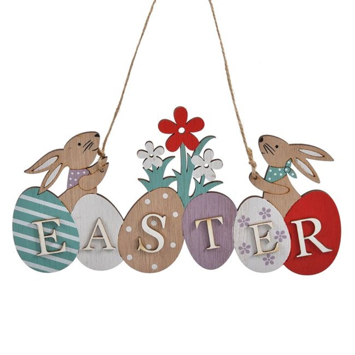 Decoratiune Paste din lemn suspendata cu iepurasi, oua si flori, multicolora, Dolik, 22x11 cm