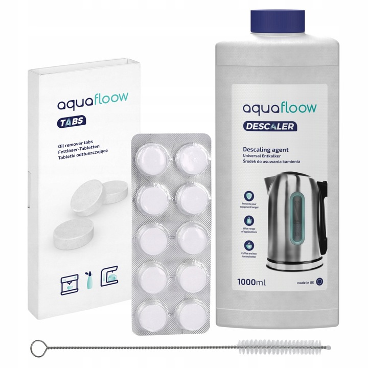 Kit intretinere espressor, Aquafloow, Solutie decalcifiere, Tablete de curatare, perie